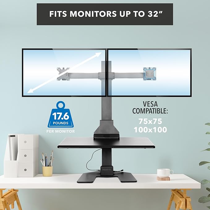 Mount-It! Double Monitor Electric Standing Desk Converter - 2 Screens Stand Up Desk Riser - Height Adjustable Desktop & 2 Mounts for Screens up to 32", Sit-Stand Convertor for Home, Office, School