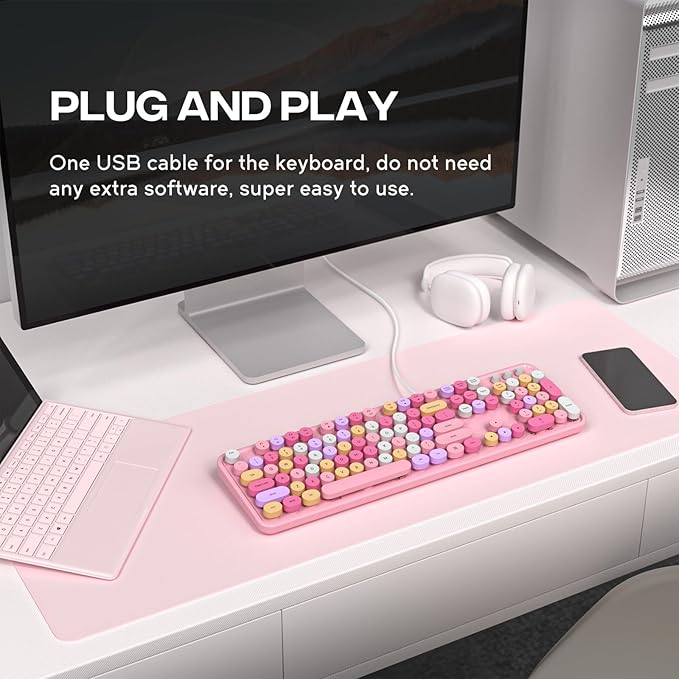 Computer Keyboard Wired, Plug and Play USB Retro Round Typewriter Keyboard, Full Size Wired Keyboard with Foldable Stands for Laptop and Office PC- Pink Colorful