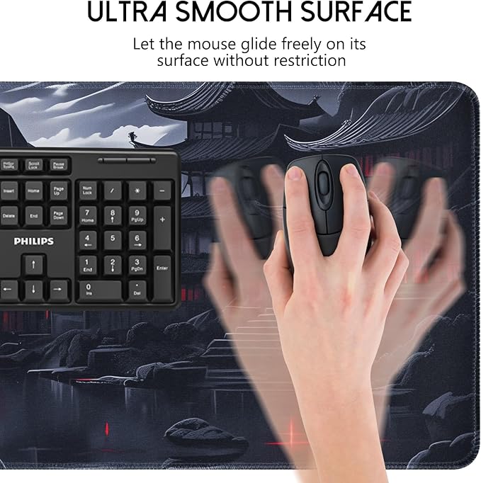 Black Mouse Pad Gaming Keyboard Pad 35.4 x 15.7 in Computer Mouse Pad Anime Gaming Mousepad, Expanded Architecture Cool Desk Pad, Japanese Red Moon Large MousePads Suitable for Home Office