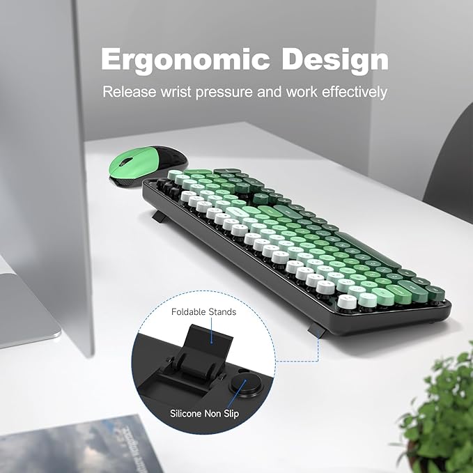 Wireless Keyboard and Mouse Combo, MOWUX Full Size Typewriter Retro Round Computer Keyboard, Cute Optical Mouse Wireless, Plug and Play, for Laptop, PC, Computer-Green Gradient Colorful