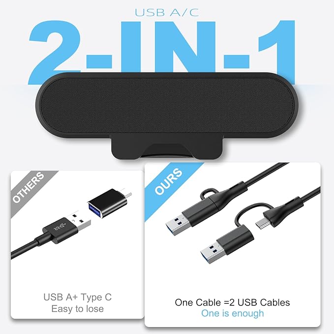 Monitor Speakers, Computer Speakers for Desktop PC, USB Speaker with Integrated USB A Type C Connector, Easily Clamp to Monitors, 10W(Black)