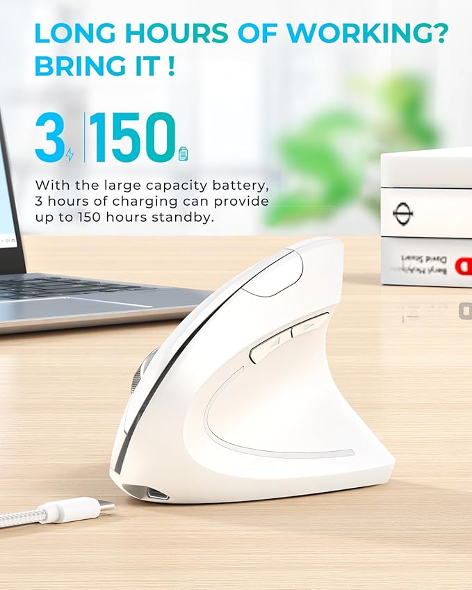 Lekvey Ergonomic Mouse, Vertical Wireless Mouse, Rechargeable 2.4G Optical Carpal Tunnel Mice with USB Receiver: 1000/1200/1600 DPI, 6 Buttons, for Laptop, Computer, Mac, PC, Desktop, Notebook, White