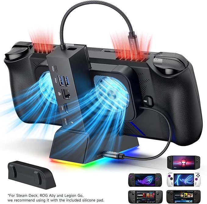 JSAUX Docking Station for ROG Ally X/ROG Ally/Steam Deck/Legion Go, 7-in-1 ROG Ally X Dock with RGB Cooling Fan, HDMI 4K@120Hz, Gigabit Ethernet, Dual USB & USB C 3.0, 100W PD Charging - HB0705