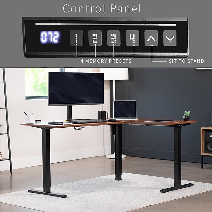 VIVO Corner Standing Desk, 63 x 47 inch Reversible L-Shaped Workstation, Electric Height Adjustment, Home, Office, and Reception Rooms, Dark Walnut Table Top Black Frame, DESK-E3CTD-47