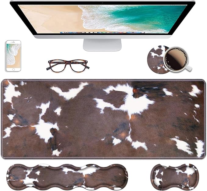 Ergonomic Keyboard Wrist Rest & Mouse Pad Wrist Rest Set, Large XXL Gaming Desk Mat 31.5"x 11.8" with Non-Slip Base, Memory Foam, Easy Typing Pain Relief for Home & Office, Brown Cow Print