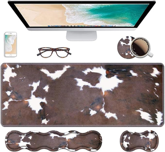 Ergonomic Keyboard Wrist Rest & Mouse Pad Wrist Rest Set, Large XXL Gaming Desk Mat 31.5"x 11.8" with Non-Slip Base, Memory Foam, Easy Typing Pain Relief for Home & Office, Brown Cow Print