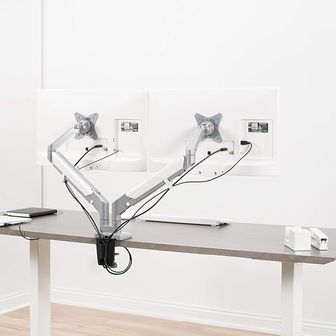 VIVO Space Saving Dual 17 to 32 inch Pneumatic Spring Arms, Aluminum Clamp-on Desk Mount Stand, Fits 2 Monitor Screens with Max VESA 100x100, Silver, STAND-V200A