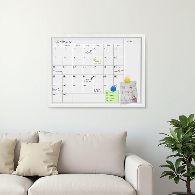 Comix Dry Erase Calendar for Wall, Magnetic Calendar Whiteboard with White Wood Frame, 24 * 18 inches Decorative Planner Board for Office, Kitchen, School, Home