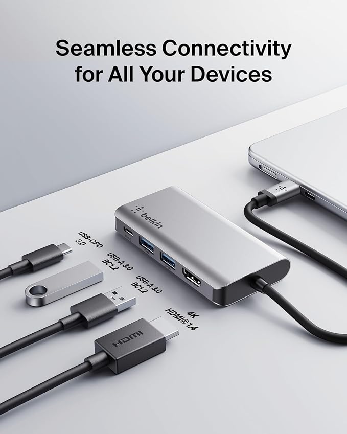 Belkin USB C Hub, 4-in-1 Multi-Port Laptop Dock with 4K HDMI, USB C Docking Station with 100 Watt Pass-Through Power Delivery, 2 X USB A Ports For MacBook Pro, Air, iPad Pro, Chromebook and More