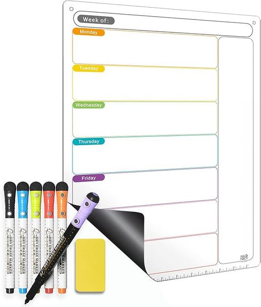 Magnetic Weekly Calendar for Fridge (Monday Start), Vertical Dry Erase Planner with Large Writing Space & Side Notes – Includes 6 Markers, Reusable Whiteboard for Busy Schedules
