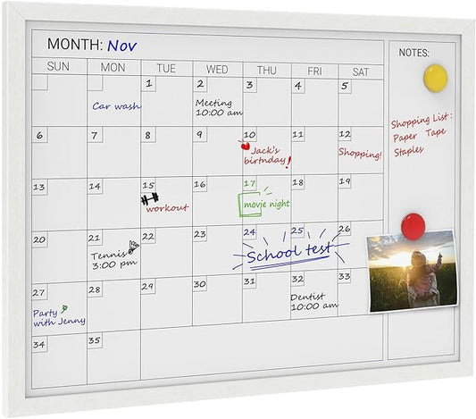 Comix Dry Erase Calendar for Wall, Magnetic Calendar Whiteboard with White Wood Frame, 24 * 18 inches Decorative Planner Board for Office, Kitchen, School, Home