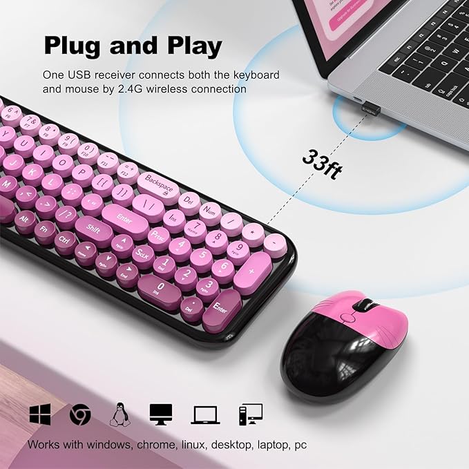 MOFII Wireless Keyboard and Mouse Combo, Compact Typewriter Retro Round Computer Keyboard and Mouse Set, Plug and Play, for Windows, Computer, Desktop, PC, Notebook - (Black Pink Gradient)