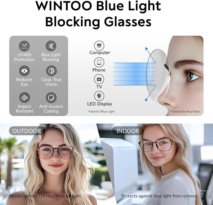 Blue Light Glasses for Woman Men | 99% Blue Light Blocking Glasses for Computer Gaming TV Phone Screen Square Frame | Anti Eyestrain & UV Glare Protection - 6 Pair