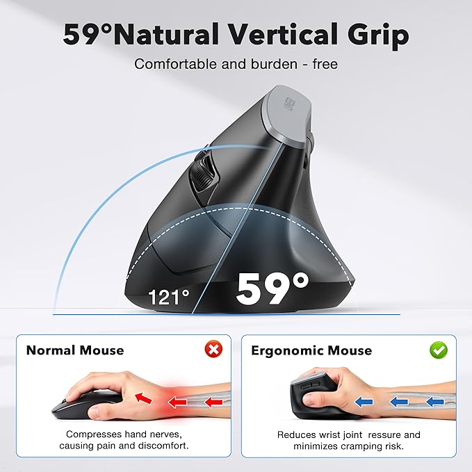Uineer Ergonomic Bluetooth Mouse 5.0/4.0 Mouse, 2.4GH Vertical Wireless Mousewith USB-A Receiver, Battery Powered, 3 Multi-Device Connectivity for Computer/PC/Laptop, 4 DPI Optical Gaming Office Mice