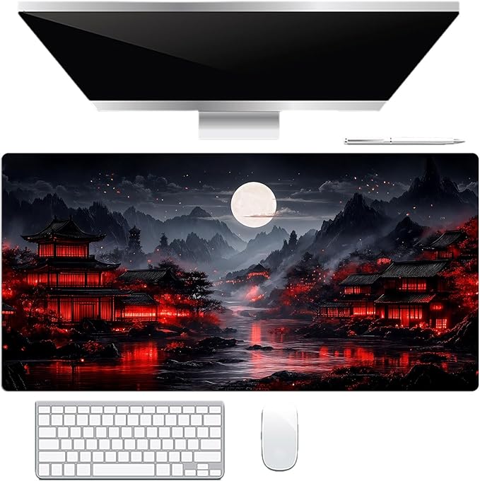 HVEST Japanese Gaming Mouse Pad, Black and Red Full Moon Large Mousepad,Laptop Computer Keyboard Mat with Non-Slip Rubber Base and Stitched Edge for Game, Office, Home 31.5'' x 15.7''