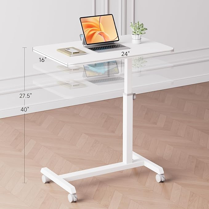 GTPLAYER Mobile Small Standing Desk, 24 inch Sit Stand Portable Rolling Laptop Desk with Lockable Wheels, Adjustable Height Overbed Bedside Table Computer Workstations, White