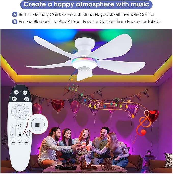 46" Ceiling Fans with RGB Lights Remote/APP Control, Flush Mount, 3 CCT Dimmable White Lights+RGB Ring Lights+Music Player, 5 Reversible Plastic Blades 6 Speeds for Party Bar, White