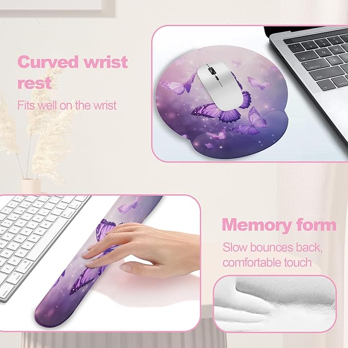 Butterfly Purple Sparkling Keyboard Wrist Rest Pad and Mouse Pad Wrist Support Set,3-in-1 Ergonomic Mouse Pad with Non-Slip Rubber Base for Home Office Game Computers Desk,