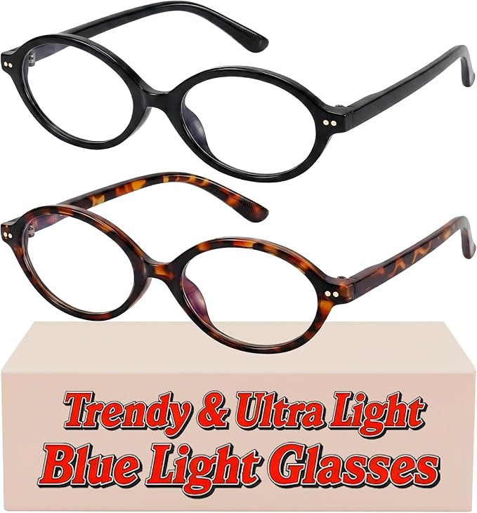 2 Pack Oval Blue Light Glasses for Women, Lightweight TR90 Small Frame with Spring Hinge for All-Day Comfort, Anti UV Glare & Eyestrain