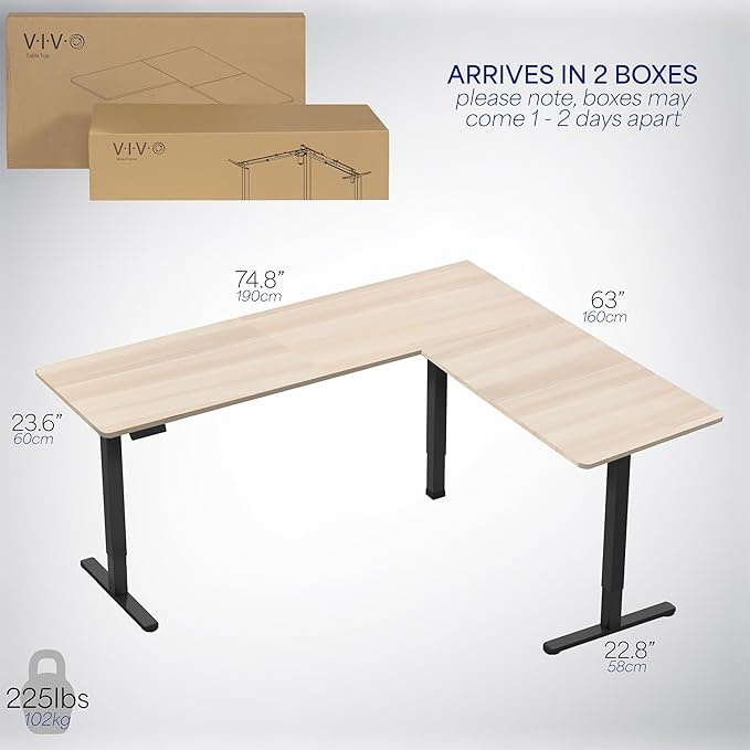 VIVO Corner Standing Desk, 75 x 63 inch Reversible L-Shaped Workstation, Electric Height Adjustment, Home, Office, and Reception Rooms, Light Wood Table Top Black Frame, DESK-E3CTBC-75
