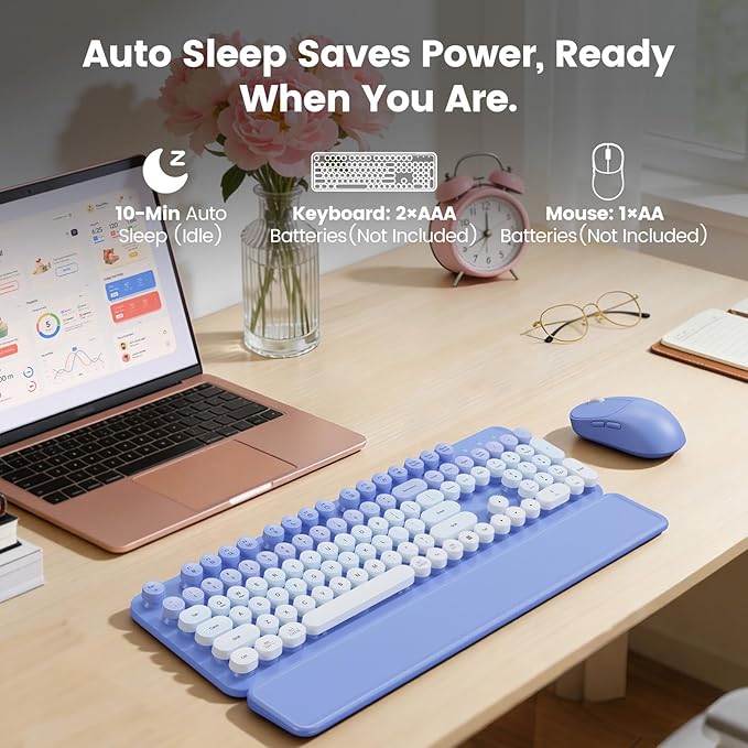 Wireless Keyboard and Mouse Combo, Magnetic Soft-Touch Wrist Rest, Round Keycaps, Full-Size Retro Typewriter Style Keyboard, 2-Stage Tilt Legs, Auto Sleep, 2.4GHz Cordless for Windows PC, Purple Ombre