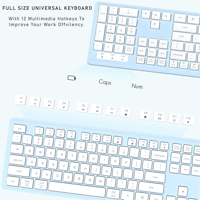 Wireless Keyboard and Mouse, 2.4GHz Cordless Keyboard Mouse Combo, Optical Mouse, Plug and Play USB Receiver, Compatible with Windows, Mac, Laptop, and PC（White Blue）