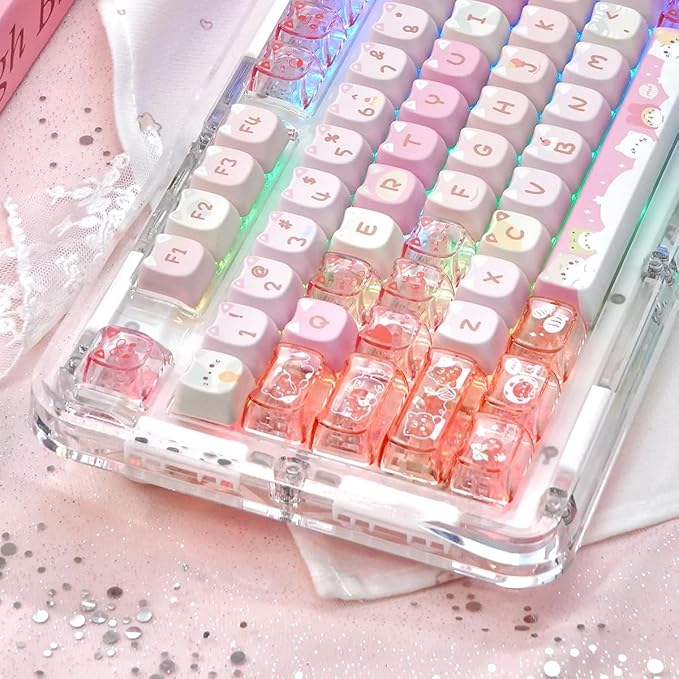 26 Keys Crystal Jelly Personalized Keycaps, PC Material Cute Meow Meow Squad Transparent Custom Cat Keycaps, Mao Profile Keycap for DIY MX Swithes Mechanical Keyboards