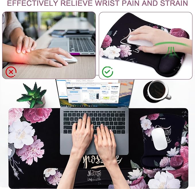 MEGREZ 4-in-1 Ergonomic Memory Foam Wrist Rest Set, Desk Pad, Mouse Pad with Wrist Rest, Keyboard Pad, Suitable for Office Workers, Programmers & Gamers–Relieve Typing & Gaming Fatigue, Black