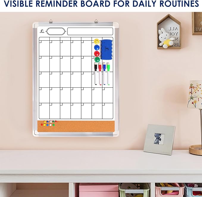 Whiteboard Calendar Dry Erase for Wall - 18 x 24 in White Board Planner Monthly Magnetic with 1 Eraser, 4 Dry Wipe Markers, 4 Magnets and 10 Thumb Tacks - Wall Hanging Marker Board Month Calendar