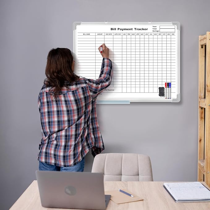 24 x 18 Inch Monthly Bill Payment Tracker Organizer Whiteboard Aluminum Frame Wall Monthly Bill Payment Checklist Magnetic Dry Erase Board Planner for Personal Budgeting Financial (Stylish)