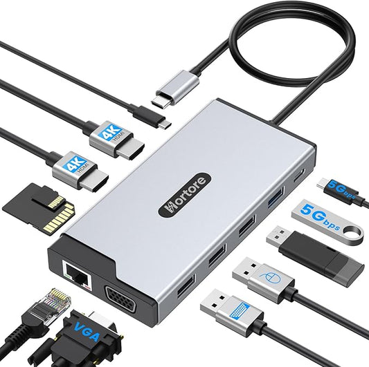 USB C Hub, 12-in-1 Docking Station Dual Monitor with 2 HDMI, VGA, RJ45, 100W PD, USB-C Data,1 USB 3.0, 3 USB 2.0, SD/TF Card Reader, for MacBook/Dell/HP/Lenovo,Silver