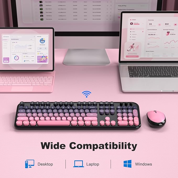 Wireless Keyboard Mouse Combo - Lovely CherryPink-Gradient Rainbow Full-Sized Typewriter Colorful Keyboards, Round Keycap Plug Play Retro Cute Keyboards for Windows, Laptop, PC, Desktop, Computer