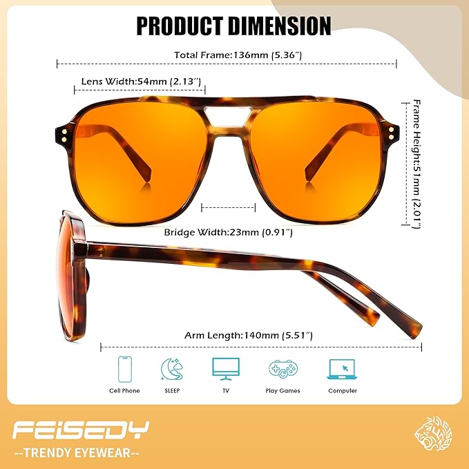 FEISEDY Amber Blue Light Glasses for Computer Gaming Orange/Yellow lens Anti Eyestrain Sleep Glasses G2835