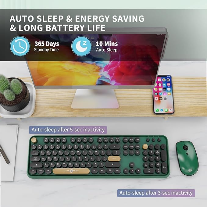 Wireless Keyboards Mouse Combos, Colorful Cute Typewriter Full-Size Retro Creamy Keyboard, 2.4GHz Sleep Mode Office Quiet Wireless Keyboard and Mouse Set for Desktop Laptop PC Computer Dark Green