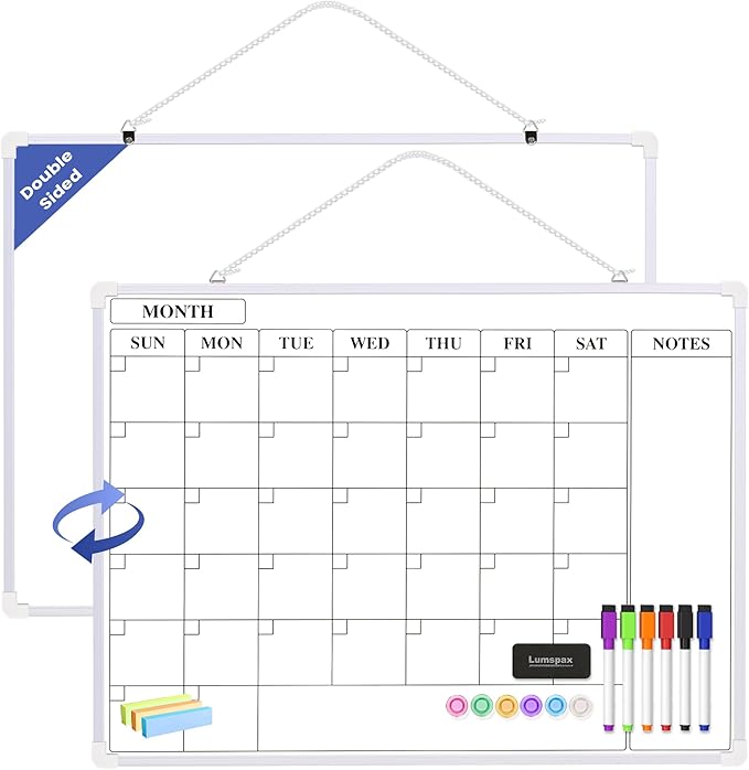 Monthly Whiteboard Calendar for Wall, 24" x 18" Dry Erase Board with Plastic Frame, Hanging Dry Erase Calendar with 3 Mini Sticky Notes for Kitchen Planner, Memo, Home and Office, White
