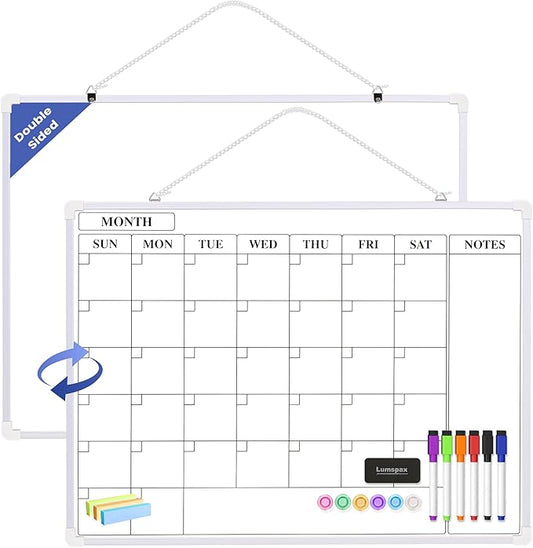 Monthly Whiteboard Calendar for Wall, 24" x 18" Dry Erase Board with Plastic Frame, Hanging Dry Erase Calendar with 3 Mini Sticky Notes for Kitchen Planner, Memo, Home and Office, White