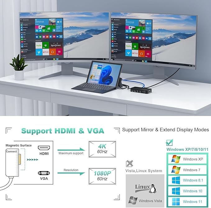 Docking Station, 11 in 1 Ms Dock Triple Displays 4K@60HZ HDMI+VGA, Dock for Pro 11/10/9/8/X/7/6/5/4,Laptop go/7/6/5/4 /3/2, Book