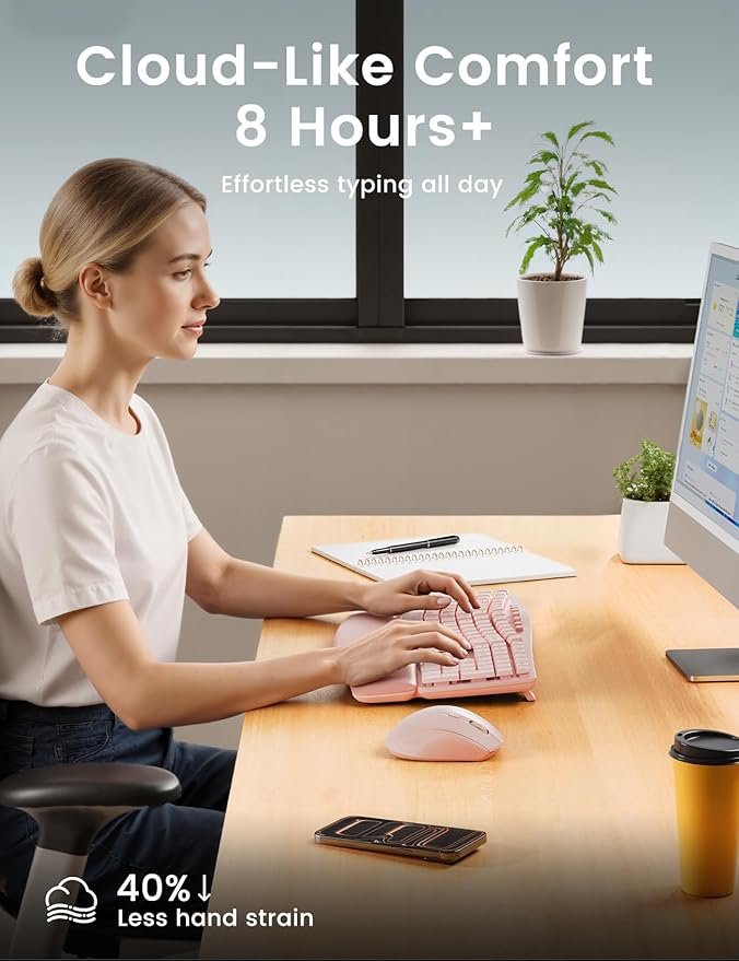 Pink Wireless Keyboard and Mouse Combo, 30dB Quiet Ergonomic Wave Keyboard Set with Soft Leather Palm Rest, Dual-System Switch for Windows/Mac, Ideal for Business Teams Home Office - SABLUTE MA41
