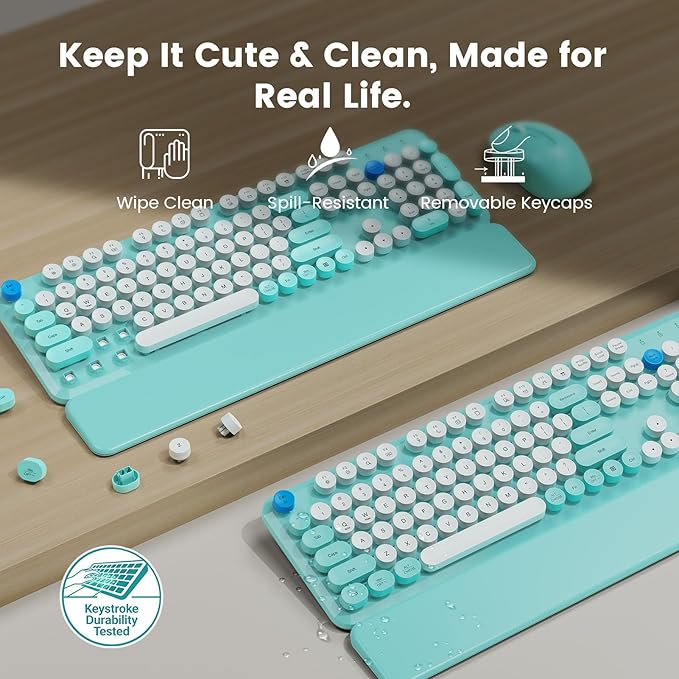 Wireless Keyboard and Mouse Combo with Magnetic Wrist Rest, Round Keycaps, Full-Size Retro Typewriter-Style Keyboard, Two-Stage Tilt Legs, Auto-Sleep, 2.4GHz Wireless for Windows PC Laptop, Aqua Blue