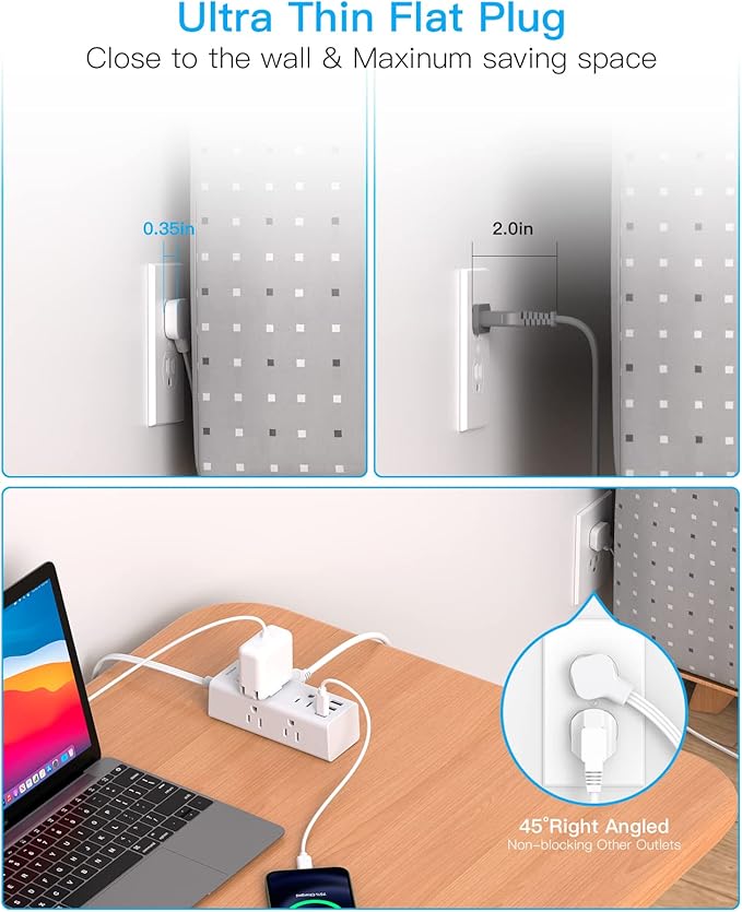 1Ft Extension Cord with Multiple Outlets, Flat Plug Power Strip Surge Protector with 1 Ft Cord, 6 Outlet 3 USB Ports (1 USB C), Multi Outlet Wall Plug for Travel, College, Dorm Room Essentials