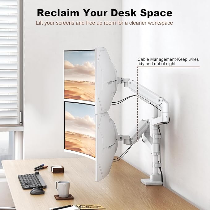 Dual Monitor-Arm Heavy-Duty for 17-49-inch Screens - Vertical Stacked Dual Monitor Mount Stand for Ultrawide Screens up to 44lbs, Aluminum,Full Motion, VESA 75/100 mm, White