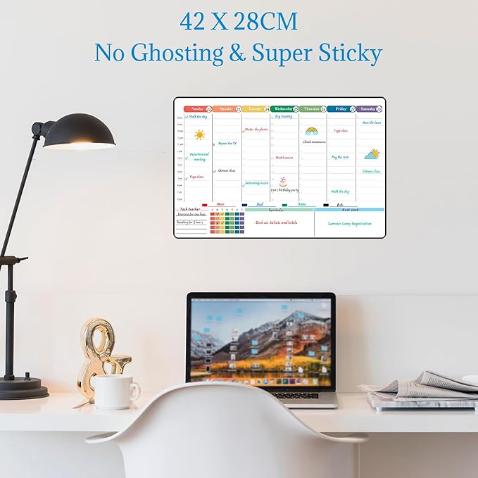 POPRUN Self Adhesive Weekly Dry Erase Calendar Whiteboard with Hourly Slots, 16.5" x 11" Schedule Planner Board for Wall Fridge Smooth Surfaces, School Family Home Organizer