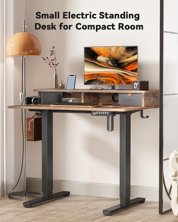 JOY worker Small Electric Standing Desk, 35" x 25" Height Adjustable Desk with Built-in Monitor Stand & Storage Drawer, Sit Stand Desk with 2 Hooks for Home Office, Rustic Brown