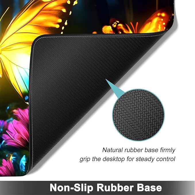 Large Mouse pad and Keyboard Support Set, Ergonomic Memory Foam Keyboard Wrist Rest, Extended Gaming Mouse Pad with Stitched Edges, Neon Butterfly XXL Desk Mat (31.5 X 11.8 in)