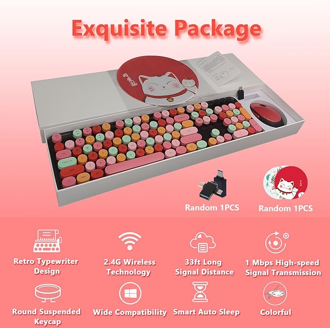 Wireless Keyboard and Mouse Combo, Ergonomic Cute Retro Typewriter Full Size Colorful USB Cordless Keyboard Mouse Set for Gaming and Office (Red)