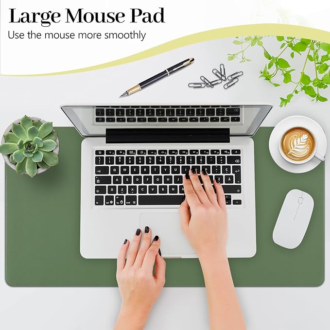 Olive Green Leather Desk Mat Large Mouse Pad, Waterproof Desk Pad for Keyboard and Mouse, Non-Slip Computer Desk Protector, Smooth Mouse Movement Desk Mat for Home and Office(23.6"×13.8")