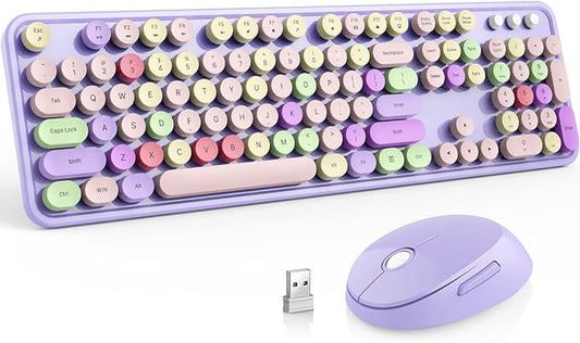 Wireless Keyboard and Mouse Combo, MOFII Full-Size Retro Round Keyboard and Mouse, 2.4 GHz Wireless, Plug and Play, 8 Multimedia & Shortcut Keysfor Mac, Windows, Laptop/Desktop/PC (Purple)