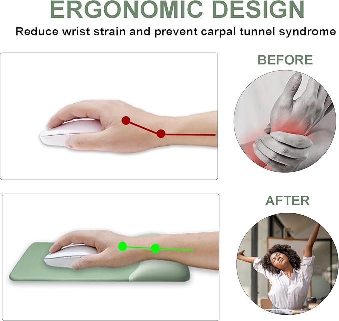 Ergonomic Mouse Pad with Wrist Rest, Gel Keyboard Wrist Rest and Memory Foam Wrist Rest for Computer Keyboard, Typing Pain Relief, Non-Slip Base Rectangular Mousepad for Gaming, Office, Home, Green