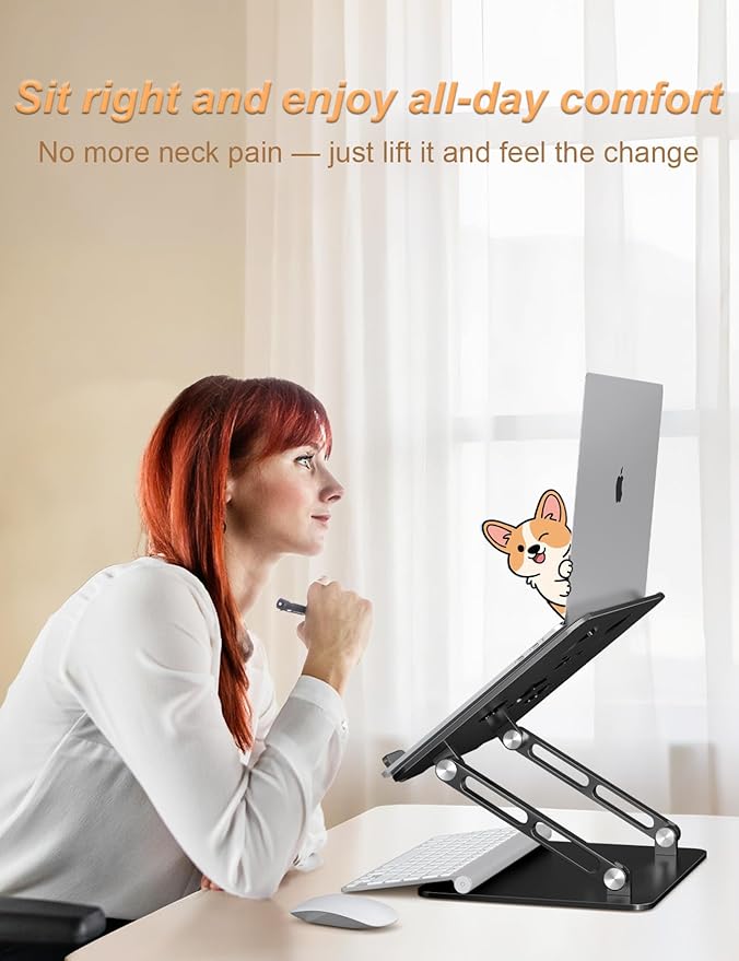 Laptop Stand for Desk-Adjustable, Foldable, Portable, Ergonomic Aluminum Notebook Riser with Unique Puppy Cooling Vent, Desk Gift for 10"-17.3" Devices Mac, Dell, HP, Lenovo, Samsung, Black