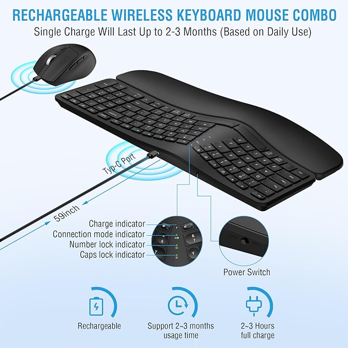 Ergonomic Wireless Keyboard Mouse Combo, EDJO Bluetooth/2.4G Dual Channel, Split Design, Soft Foam Palm Rest, 4 Level DPI Adjustable Wireless Mouse, Rechargeable, for Windows/Mac/Android（Black）